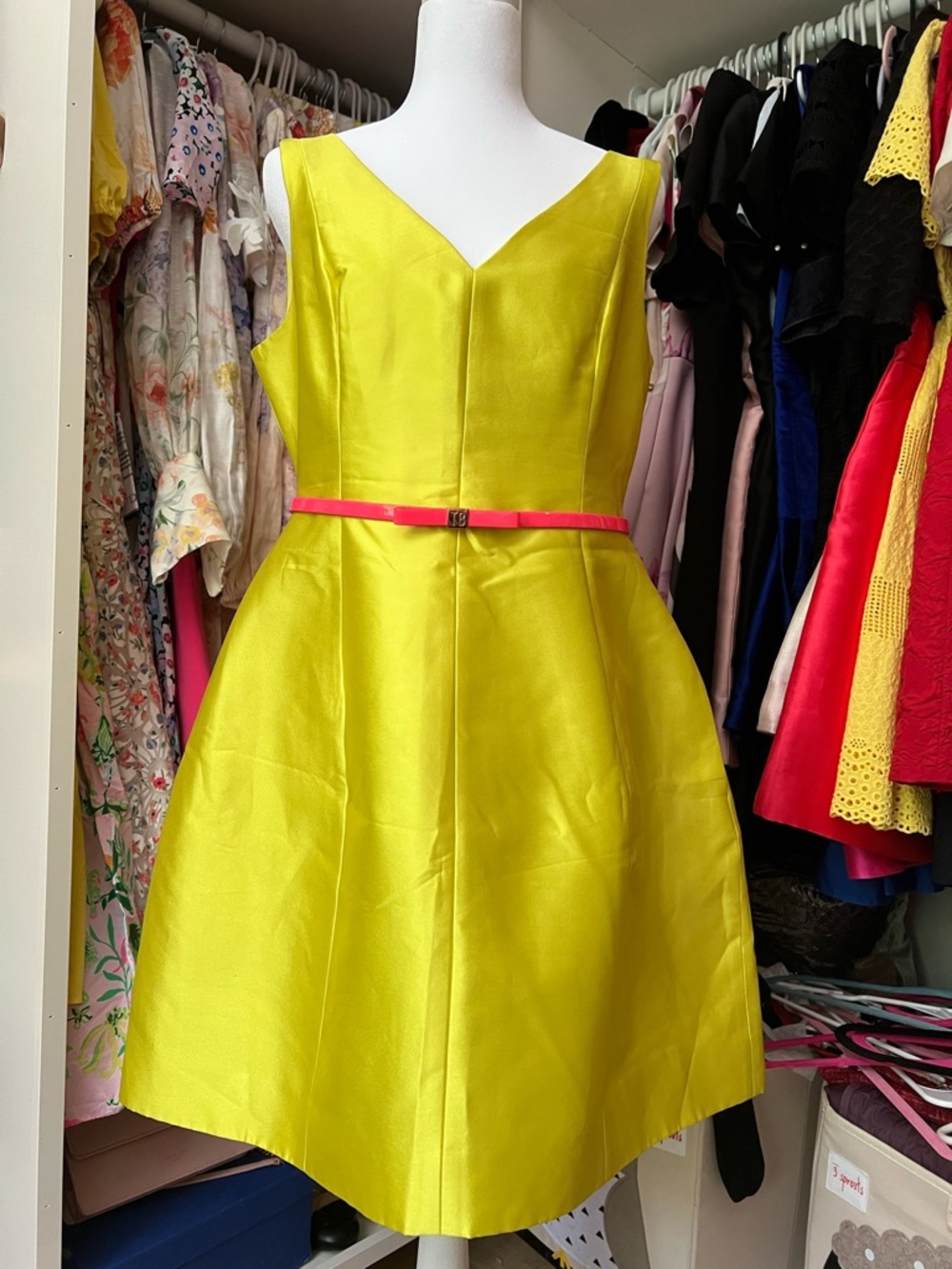 kate spade Yellow Fit-and-Flare Sleeveless Wedding Dress with Pink Belt